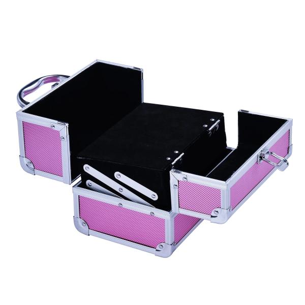 Estojo de Maquiagem Profissional Portátil de Cosméticos com Bandejas de 3 Níveis e Espelho 2 Chaves para Porta - Joias Manicure 15x15x20cm Rosa