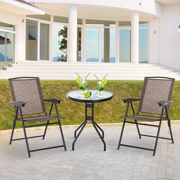 Conjunto de Mesa e 2 Cadeiras Cadeira Dobrável Encosto Reclináveis a 4 Níveis Armação de Aço Marrom