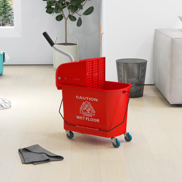 Balde de Limpeza 20L com Rodas e Espremedor Balde para Esfregona com Separador de Água 60x27x70,5 cm Vermelho