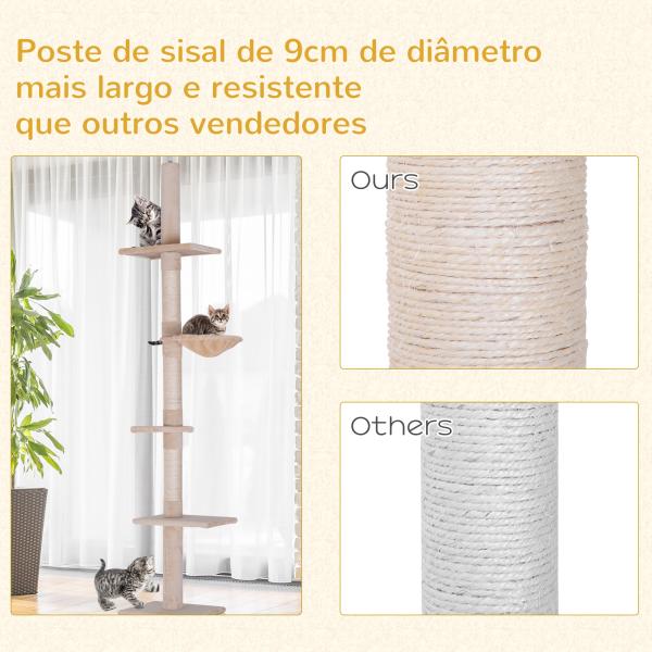 Árvore Arranhadora para Gatos Arranhador para Fixar ao Teto Altura Ajustável com Plataformas Poste de Sisal 40x34x230 - 260cm Bege