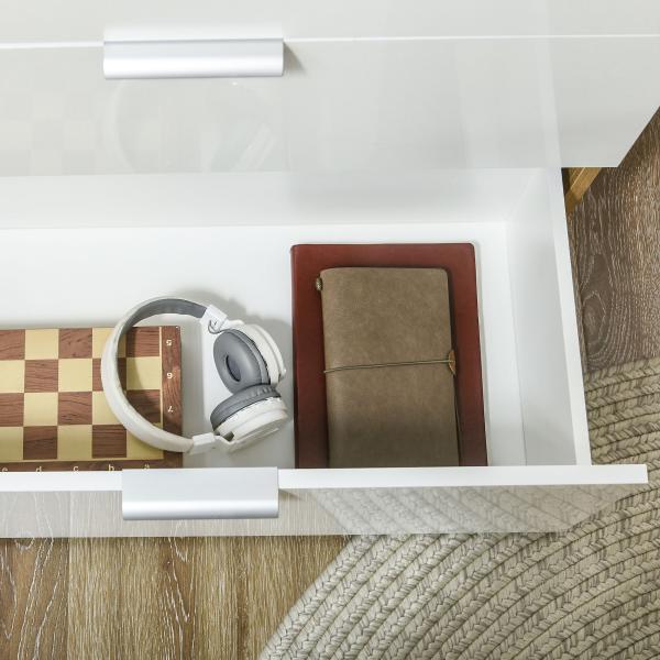 Aparador de Sala de Estar com 4 Gavetas de Alto Brilho Porta e Prateleiras Ajustáveis 105x35x92 cm Branco e Madeira