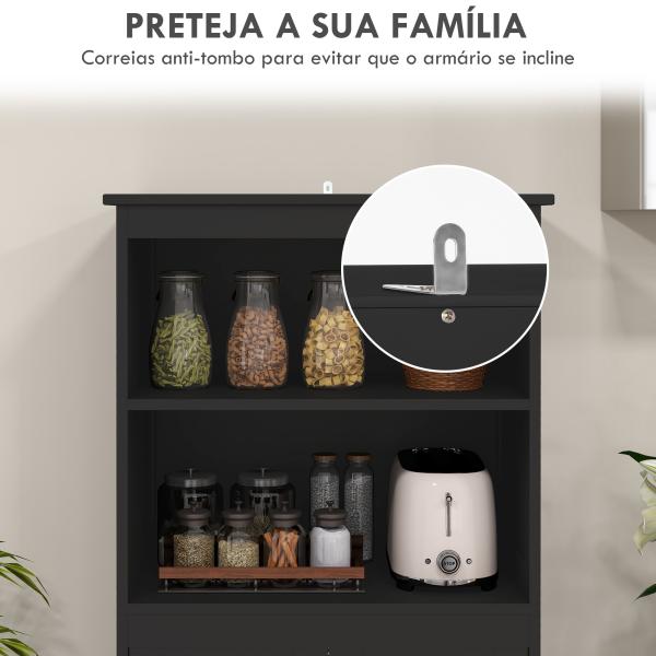 Armário de Cozinha com 2 Portas de Vidro Temperado 2 Prateleiras Abertas e Armário com Prateleira Ajustável 60x30x162 cm Preto