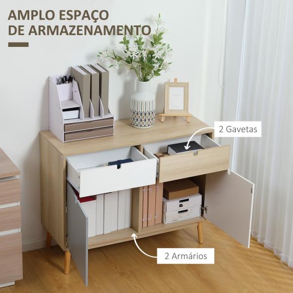 Aparador Auxiliar Móvel de Armazenamento com 2 Armários Fechados e 2 Gavetas Pés Elevados de Madeira de Pinho para Cozinha Dormitório Entrada 100x40x79,5cm Branco Cinza Madeira
