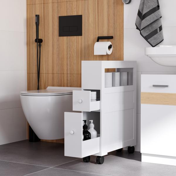 Armário Casa de Banho para Espaços Reduzidos com 4 Rodas Prateleira Aberta e Gavetas 16x52x71,5 cm Branco