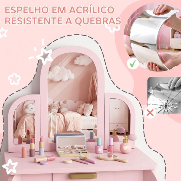 Toucador para Crianças com Espelho e Banco Toucador de Maquilhagem para Crianças de 3 a 6 Anos 52x32x85 cm Rosa