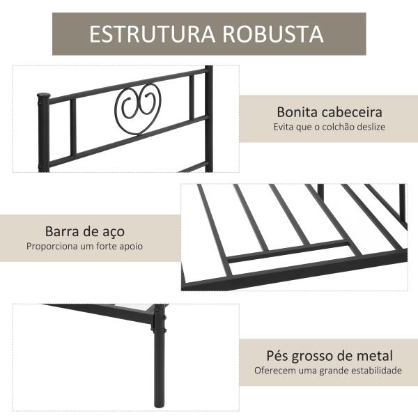 Estrutura de Cama Individual de Metal 31cm para Colchão 90x190cm com Cabeceira com Forma de Coração Estrutura de Cama com Espaço em Baixo de Armazenamento 95x196x100cm Preto