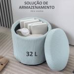 Puff de Arrumação Baú de Arrumação Redondo Estofado em Veludo Cotelê Tampa Removível Ø40x41 cm Azul Claro