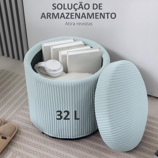 Puff de Arrumação Baú de Arrumação Redondo Estofado em Veludo Cotelê Tampa Removível Ø40x41 cm Azul Claro