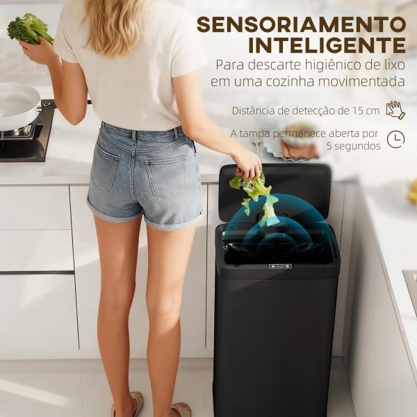 Balde do Lixo de Cozinha Automático 45 L com Sensor Infravermelho Fecho Suave 38x25,5x67,5 cm Preto