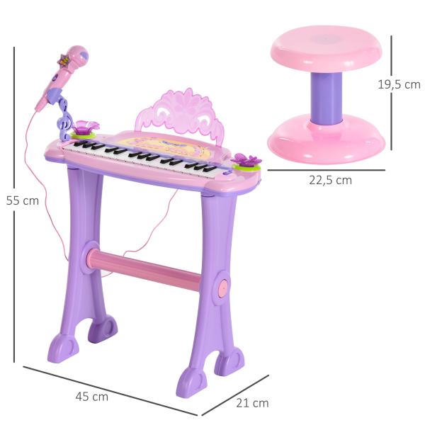 Piano Eléctrico Infantil 32 Teclas Piano Infantil com Microfone Banquinho Luzes Ritmos Sons MP3 Karaoke Rosa