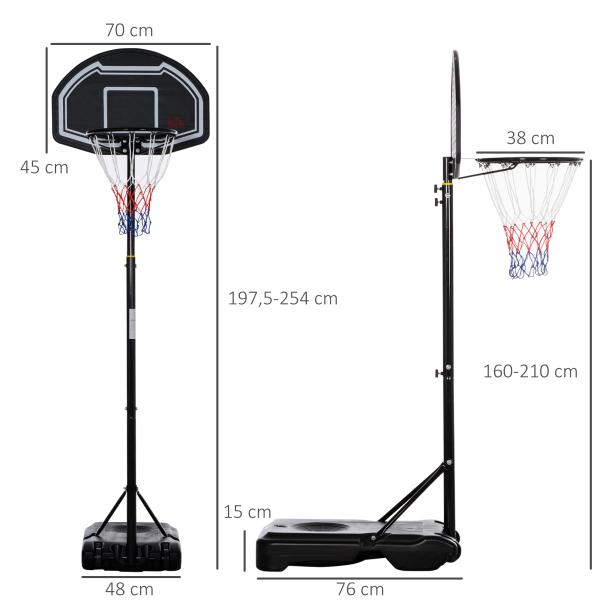 Tabela de Basquetebol para Exterior Altura Ajustável 160 - 210 cm com Rodas e Base Preenchível 76x48x254 cm Preto