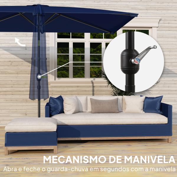 Chapéu de Sol de Alumínio 198x294x255 cm Chapéu Retangular de Jardim Inclinável com Manivela e Mastro Desmontável Azul - Marinho