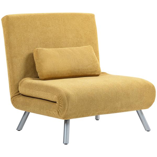 Sofá Cama de 1 Lugar Dobrável Estofado em Tecido Amarelo Mesclado com Encosto Ajustável em 5 Níveis 80x75x83 cm