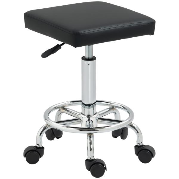 Banco Giratório com Rodas Altura Regulável 50 - 66 cm Assento Estofado em Imitação de Couro 34x34x50 - 66 cm Preto