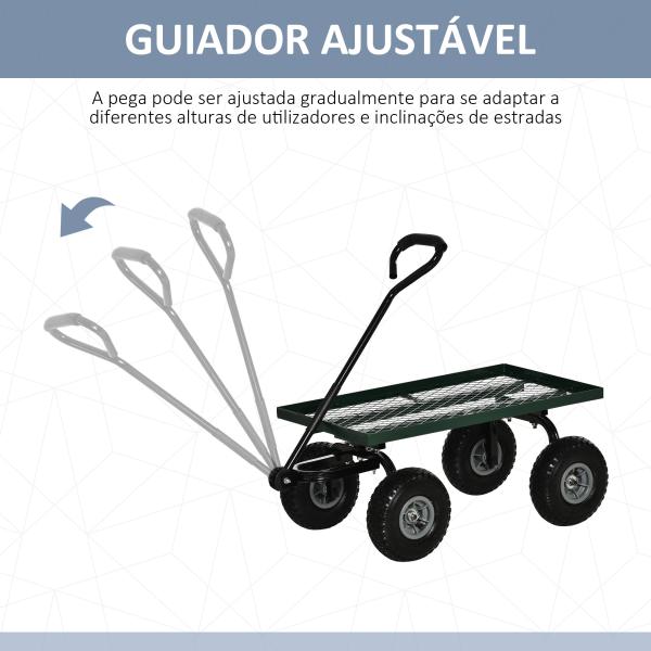 Carro de Transporte com Pega Revestida e 4 Rodas Grandes de Ø24 cm Carrinho de Jardim em Aço 94x48,5x100 cm Preto e Verde
