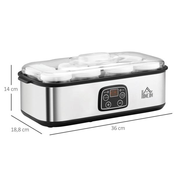 Iogurteira 30W Volume 1,44L com 8 Frascos de Cristal de 180ml Termostato Ajustável Temporizador de 1 - 48 Horas e Desligado Automático 36x18,8x14cm Prata
