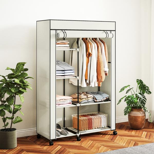 Roupeiro de Tecido Dobrável com 6 Prateleiras 1 Barra de Pendurar e Rodas para Dormitório Vestidor 103x43x162,5 cm Creme