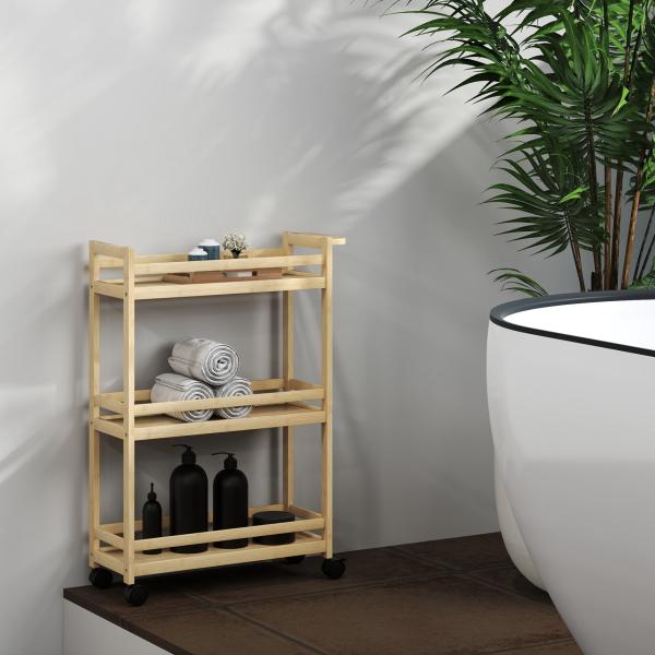 Carrinho para Casa de Banho de Bambu com 3 Níveis Carrinho de Arrumação para Casa de Banho Cozinha 55x20x75 cm Madeira
