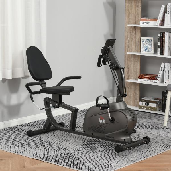 Bicicleta Estática com Encosto 8 Níveis de Resistência Bicicleta Banco Ajustável e Ecrã LCD 121 - 142x62x101 cm Preto