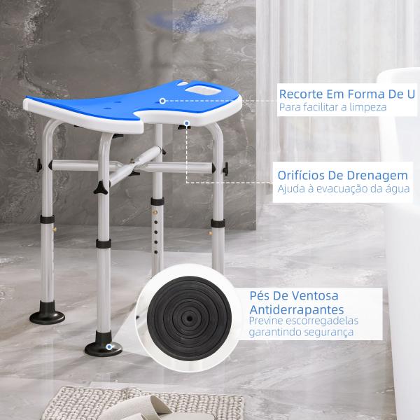Banco de Duche para Idosos Antiderrapante com Barra de Apoio Altura Regulável e Assento em Forma de U 48,5x33x39 - 51,5 cm Azul