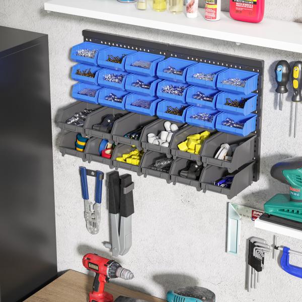 Organizador de Ferragens para Parede com 30 Caixas de 2 Tamanhos Diferentes 63x18x37,5 cm Azul e Cinza