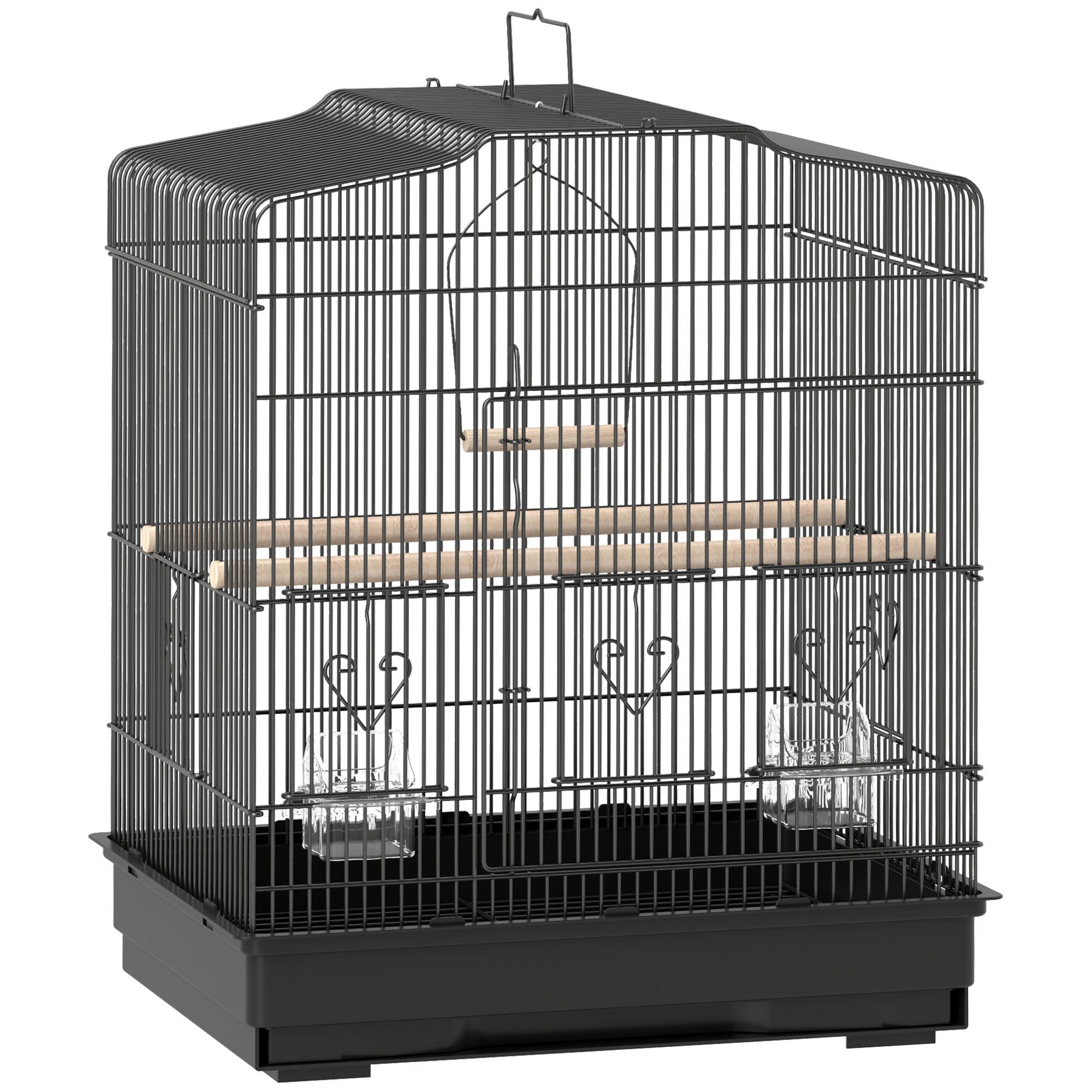 Gaiola para Pássaros 46,5x36x59 cm Gaiola de Metal para Pássaros com 2 Comedouros 2 Poleiros Baloiço Bandeja Amovível Preto