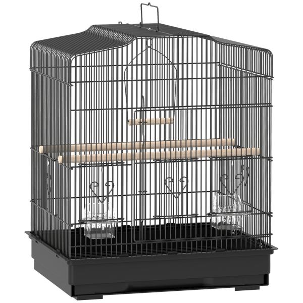 Gaiola para Pássaros 46,5x36x59 cm Gaiola de Metal para Pássaros com 2 Comedouros 2 Poleiros Baloiço Bandeja Amovível Preto