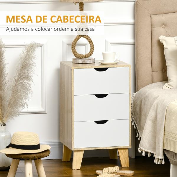 Mesa de Cabeceira com 3 Gavetas para Dormitório Sala de Estar Estilo Moderno Anti - Tombo 40x35x68,5cm Madeira e Branco