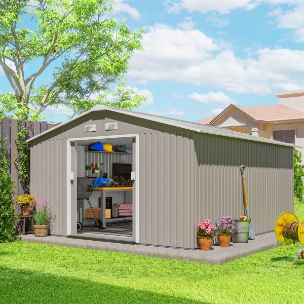 Abrigo de Jardim 340x386x200 cm 13,1 m² Abrigo de Exterior de Aço com Portas de Correr e Ventilações Cinza Claro