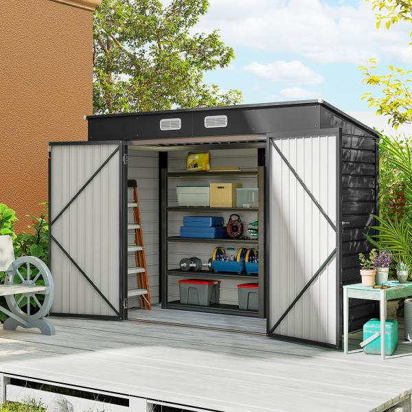 Abrigo de Jardim 2,7m² 249x121x183 cm Abrigo de Exterior com Porta Dupla 2 Ventilaç4oes e Trava Abrigo para Pátio Cinza