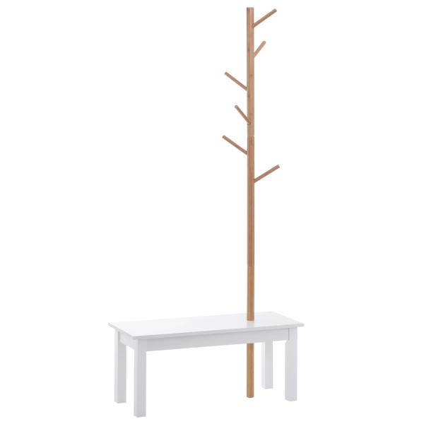 Cabide de Pé com Banco Pendurador Tipo Árvore Moderno 6 Ganchos para Pendurar Roupa Malas Corredor Entrada Bambu e MDF 80x30x180cm
