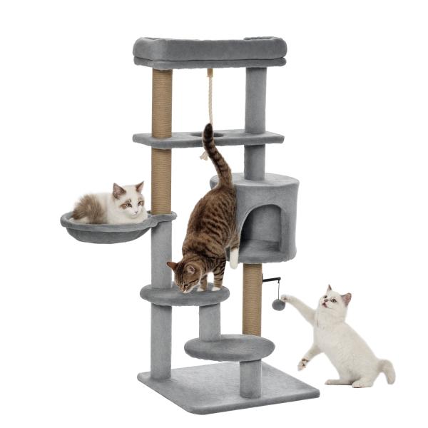 Árvore Arranhador para Gatos com Plataforma Caverna Rede postes de Juta Corda e Bola Suspensa 48x48x120 cm Cinza