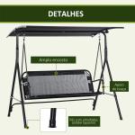 Baloiço de Jardim de 2 Lugares Baloiço com Teto Ajustável em Ângulo para Terraço Balcão Carga Máxima 200kg Aço 172x110x155cm Preto