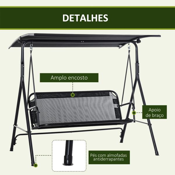 Baloiço de Jardim de 2 Lugares Baloiço com Teto Ajustável em Ângulo para Terraço Balcão Carga Máxima 200kg Aço 172x110x155cm Preto