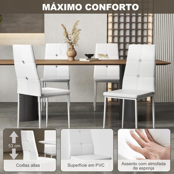 Conjunto de 6 Cadeiras de Sala de Jantar Estofadas em PU Cadeiras de Cozinha com Encosto Alto com Botões 41x50x97 cm Branco