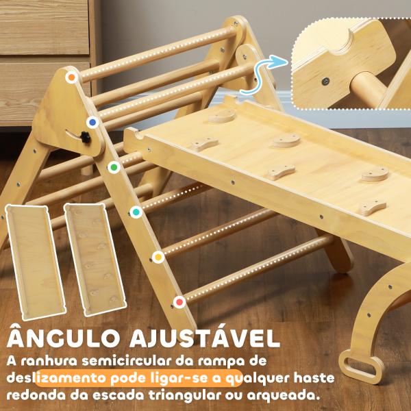 Triângulo de Escalada de Madeira 5 em 1 Escada para Crianças de 18 - 48 Meses com Rampa e Arco de Escalada 178x64,5x63 cm Madeira
