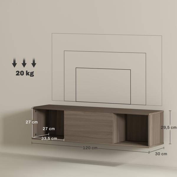 Armário de Parede Móvel para TV Suspenso com 2 Compartimentos Abertos e Porta Rebatível 120x30x29,5 cm Marrom Escuro