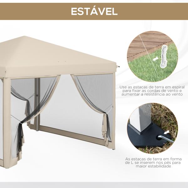 Tenda Dobrável 3x3 para Exterior com Mosquiteiras Bolsa de Transporte Estrutura de Aço e Tecido Oxford Resistente Bege