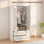 Roupeiro com Espelho 2 Portas e 2 Gavetas Relevo de Diamante Barra para Pendurar Estilo Moderno 80x50x180 cm Branco