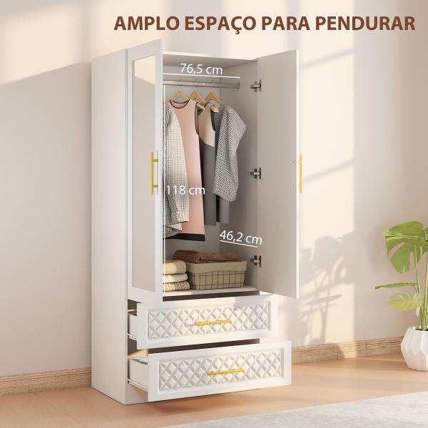 Roupeiro com Espelho 2 Portas e 2 Gavetas Relevo de Diamante Barra para Pendurar Estilo Moderno 80x50x180 cm Branco