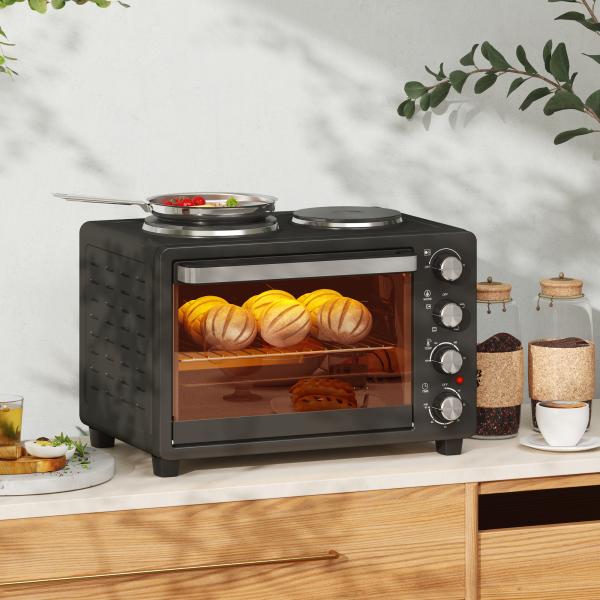 Forno Elétrico de Bancada 28L 2600W com Placas de Cozedura, Temperatura Ajustável, Temporizador e Tabuleiro, Preto