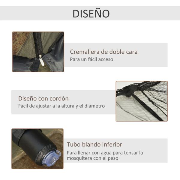 Rede Mosquiteira para Chapéus de Sol de Jardim Ø3m Cobertura de Rede de Chapéu de Sol com Zíper e Tubo Enchido com Água para Terraço Balcão Exterior Preto