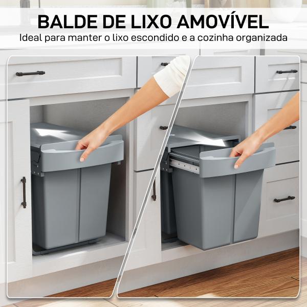 Balde do Lixo Sob o Balcão Balde do Lixo de Cozinha 2 Contentores de Reciclagem Removíveis 2 x 20 L 52x33,5x41 cm Cinzento