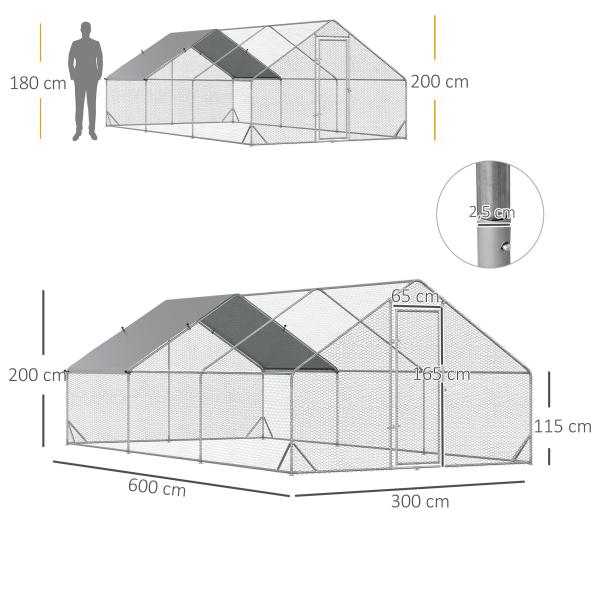 Galinheiro de Exterior Grande 3x6x2m Gaiola para 12 - 18 Galinhas de Aço Galvanizado com Teto de PE e Fechadura para Coelhos Prata