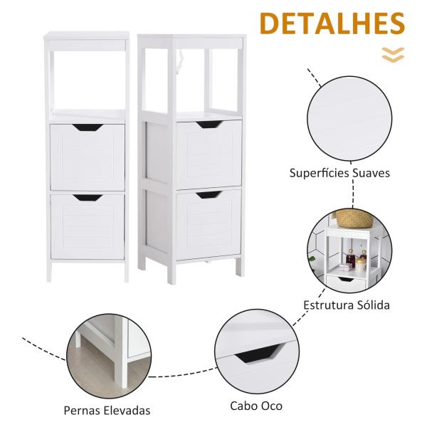 Armário de banheiro com prateleira aberta 2 gavetas 30x30x89 cm Branco