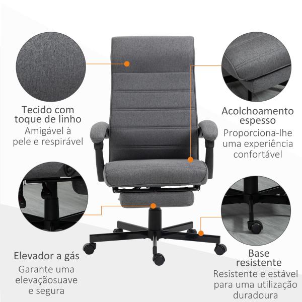 Cadeira de Escritório Giratória Reclinável com Altura Ajustável e Apoio para os Pés Retrátil 68x67x106 - 114 cm Cinza