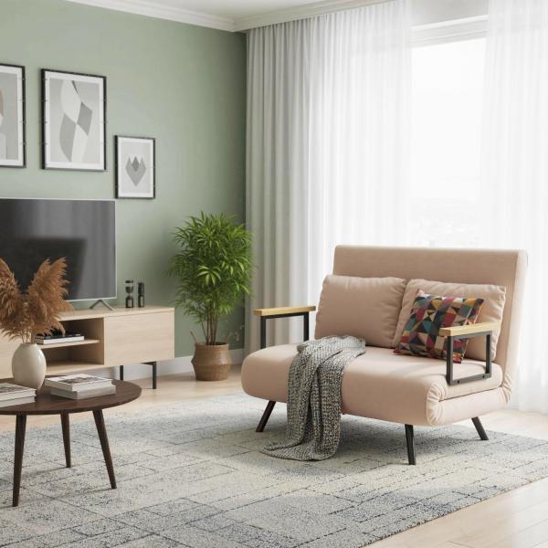 Sofá Cama Convertível 2 Lugares Dobrável com Encosto Ajustável em 5 Níveis e 2 Almofadas 102x73x81 cm Bege Claro