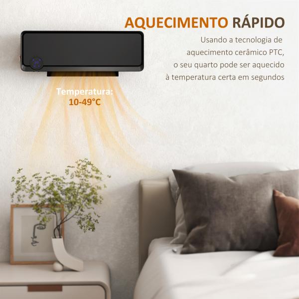 Aquecedor Cerâmico de Parede 1000W/2000W com Controle Remoto Tela LED Temporizador de 12h Termostato 56x18,5x11,7 cm Preto