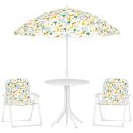 Conjunto Infantil de Mesa e Cadeiras de Jardim 4 Peças Cadeiras Dobráveis Chapéu de Sol Ajustável Design de Elefantes Branco