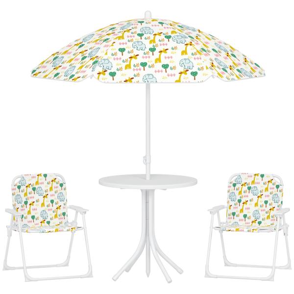 Conjunto Infantil de Mesa e Cadeiras de Jardim 4 Peças Cadeiras Dobráveis Chapéu de Sol Ajustável Design de Elefantes Branco
